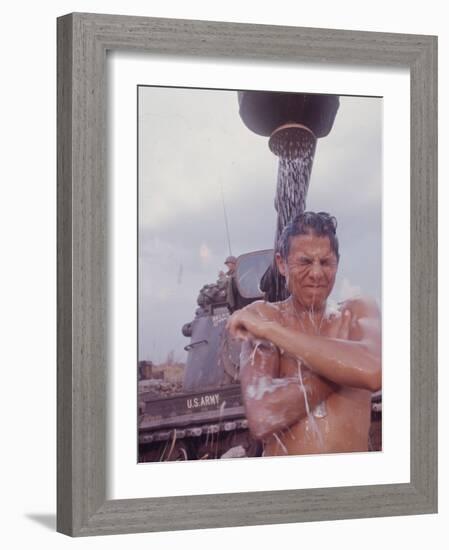 Soldier of the 11th Armored Regiment in Vietnam Taking a Shower-Co Rentmeester-Framed Photographic Print