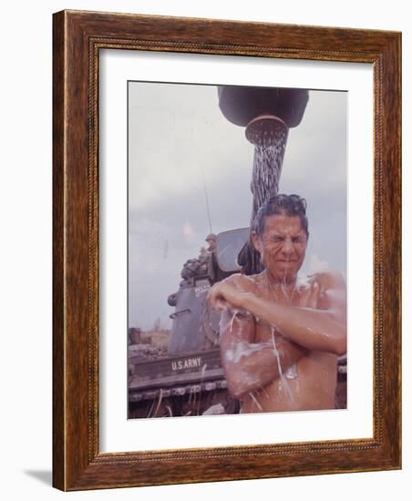 Soldier of the 11th Armored Regiment in Vietnam Taking a Shower-Co Rentmeester-Framed Photographic Print