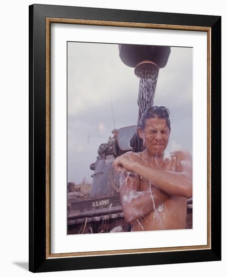 Soldier of the 11th Armored Regiment in Vietnam Taking a Shower-Co Rentmeester-Framed Photographic Print