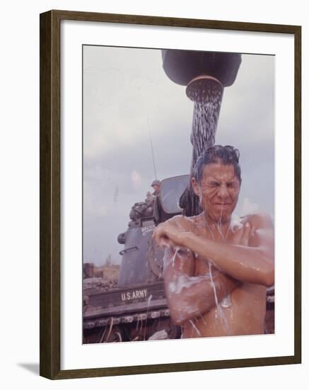 Soldier of the 11th Armored Regiment in Vietnam Taking a Shower-Co Rentmeester-Framed Photographic Print