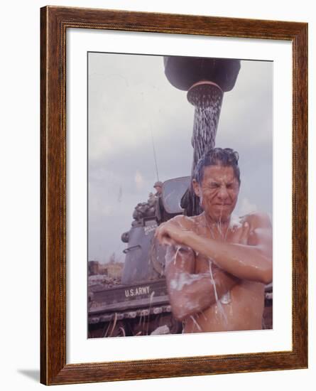 Soldier of the 11th Armored Regiment in Vietnam Taking a Shower-Co Rentmeester-Framed Photographic Print