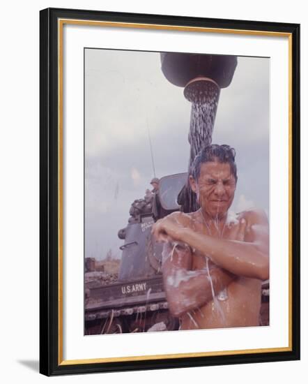 Soldier of the 11th Armored Regiment in Vietnam Taking a Shower-Co Rentmeester-Framed Photographic Print