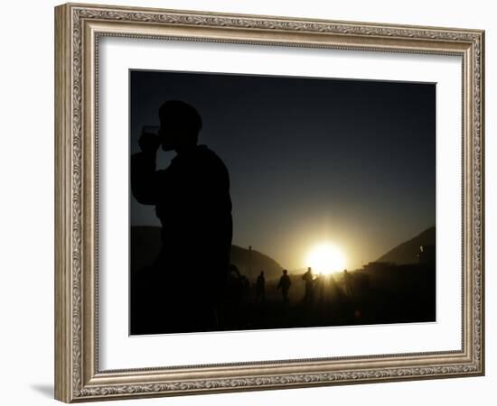 Soldier of the Afghan National Army Drinks Tea at Sunset in Kabul, Afghanistan-null-Framed Photographic Print