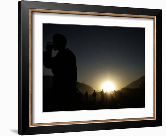 Soldier of the Afghan National Army Drinks Tea at Sunset in Kabul, Afghanistan-null-Framed Photographic Print