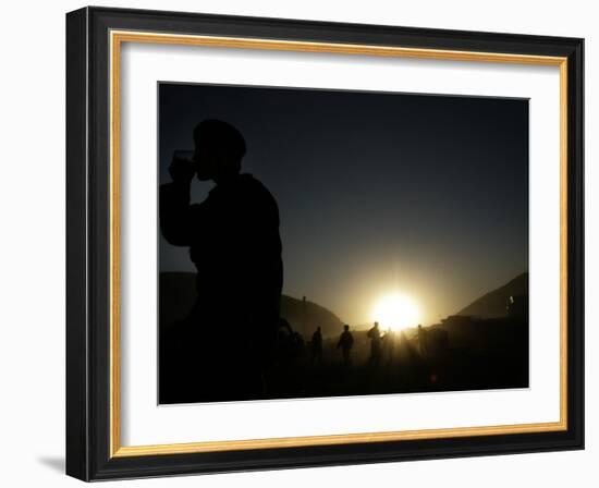 Soldier of the Afghan National Army Drinks Tea at Sunset in Kabul, Afghanistan-null-Framed Photographic Print