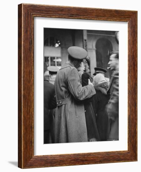 Soldier Passionately Kissing His Girlfriend While Saying Goodbye in Pennsylvania Station-Alfred Eisenstaedt-Framed Photographic Print