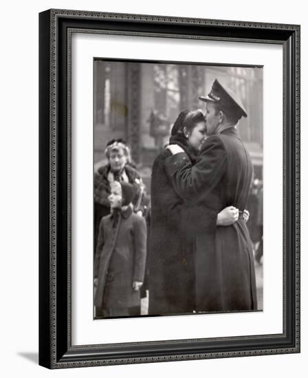 Soldier Tenderly Kissing His Girlfriend's Forehead as She Embraces Him While Saying Goodbye-Alfred Eisenstaedt-Framed Photographic Print