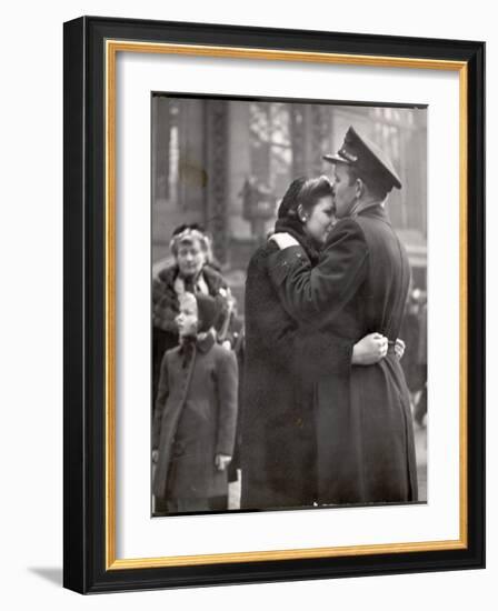 Soldier Tenderly Kissing His Girlfriend's Forehead as She Embraces Him While Saying Goodbye-Alfred Eisenstaedt-Framed Photographic Print