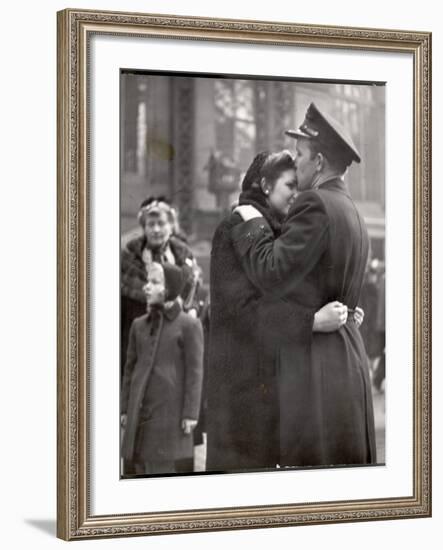 Soldier Tenderly Kissing His Girlfriend's Forehead as She Embraces Him While Saying Goodbye-Alfred Eisenstaedt-Framed Photographic Print