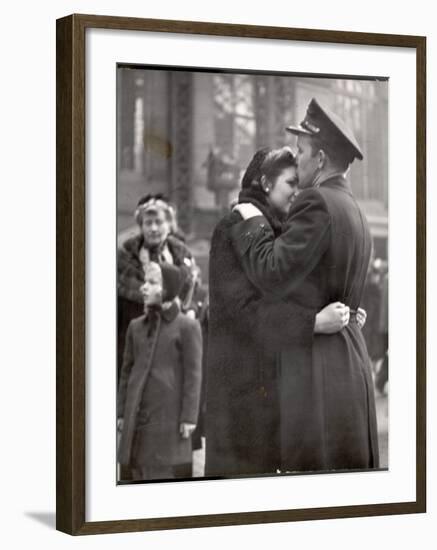 Soldier Tenderly Kissing His Girlfriend's Forehead as She Embraces Him While Saying Goodbye-Alfred Eisenstaedt-Framed Photographic Print