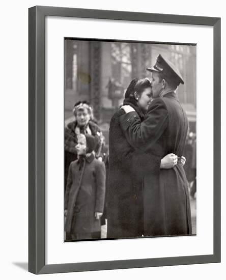 Soldier Tenderly Kissing His Girlfriend's Forehead as She Embraces Him While Saying Goodbye-Alfred Eisenstaedt-Framed Photographic Print