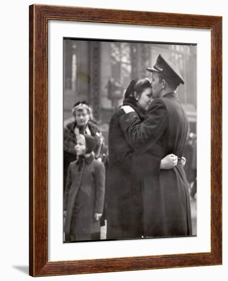 Soldier Tenderly Kissing His Girlfriend's Forehead as She Embraces Him While Saying Goodbye-Alfred Eisenstaedt-Framed Photographic Print