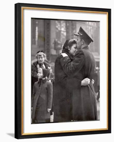 Soldier Tenderly Kissing His Girlfriend's Forehead as She Embraces Him While Saying Goodbye-Alfred Eisenstaedt-Framed Photographic Print