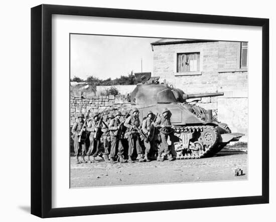 Soldiers And Their Tank Advance Into a Belgian Town During WWII-Stocktrek Images-Framed Photographic Print