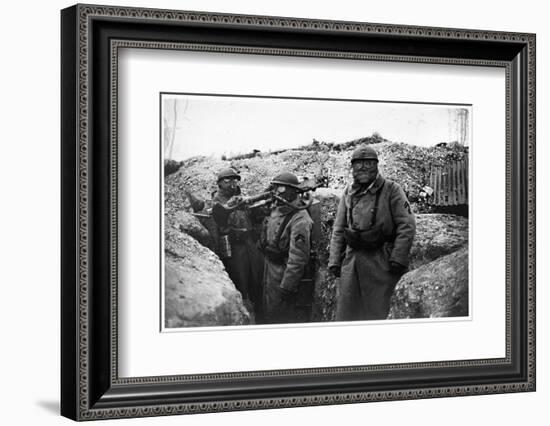 Soldiers in a Trench Wearing a Gas Mask and Oxygen Supply in Nieuwpoort, 1915-Jacques Moreau-Framed Photographic Print