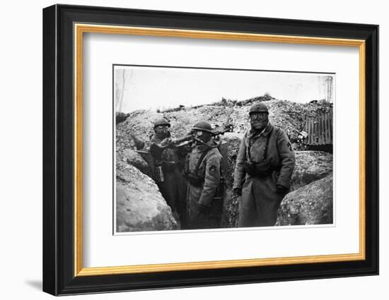 Soldiers in a Trench Wearing a Gas Mask and Oxygen Supply in Nieuwpoort, 1915-Jacques Moreau-Framed Photographic Print