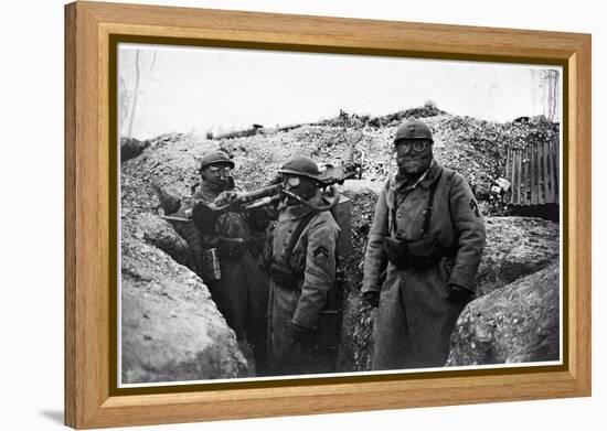 Soldiers in a Trench Wearing a Gas Mask and Oxygen Supply in Nieuwpoort, 1915-Jacques Moreau-Framed Premier Image Canvas