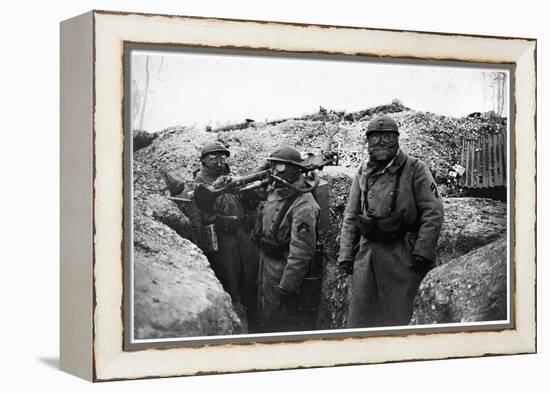 Soldiers in a Trench Wearing a Gas Mask and Oxygen Supply in Nieuwpoort, 1915-Jacques Moreau-Framed Premier Image Canvas