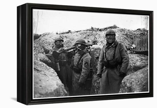 Soldiers in a Trench Wearing a Gas Mask and Oxygen Supply in Nieuwpoort, 1915-Jacques Moreau-Framed Premier Image Canvas