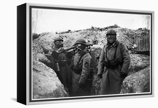 Soldiers in a Trench Wearing a Gas Mask and Oxygen Supply in Nieuwpoort, 1915-Jacques Moreau-Framed Premier Image Canvas