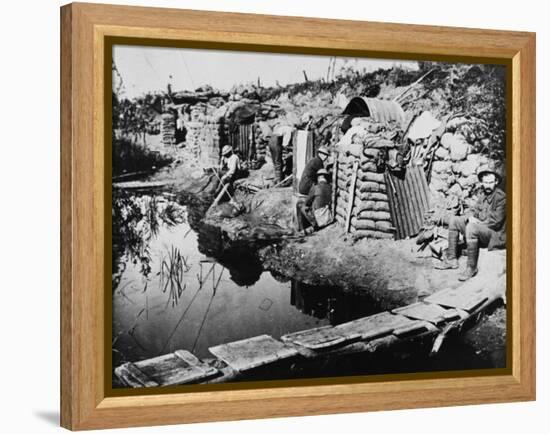 Soldiers in Dugouts at the Third Battle of Ypres During World War I in 1917-Robert Hunt-Framed Premier Image Canvas