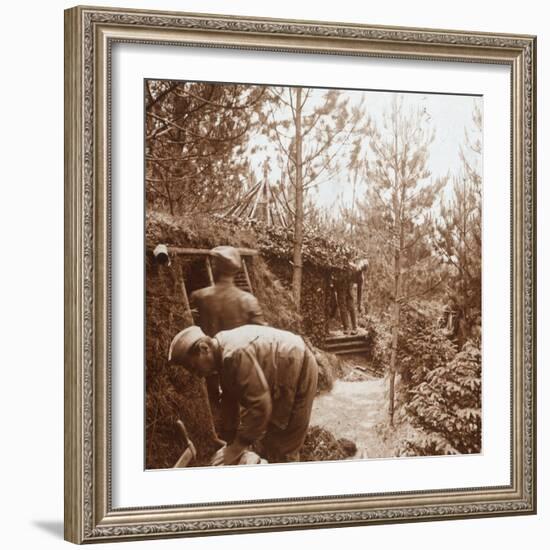 Soldiers in earth-covered shelters, Genicourt, northern France, c1914-c1918-Unknown-Framed Photographic Print