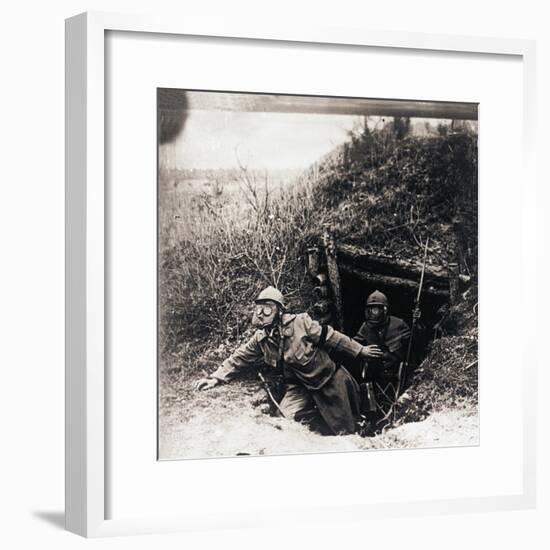 Soldiers in gas masks emerging from trenches, c1914-c1918-Unknown-Framed Photographic Print