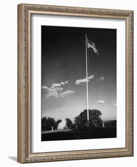 Soldiers Lowering American Flag-Charles E^ Steinheimer-Framed Photographic Print