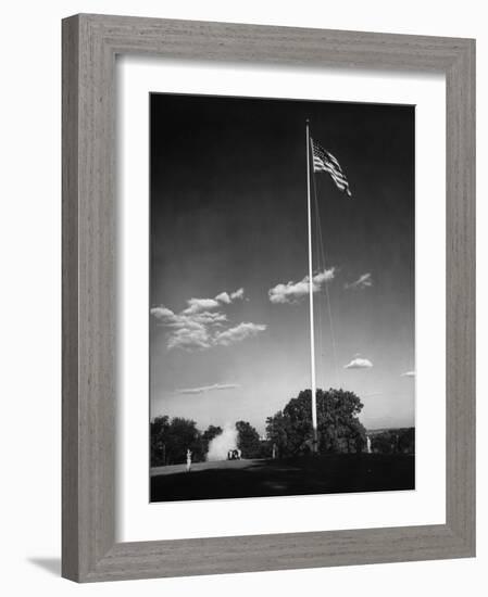 Soldiers Lowering American Flag-Charles E^ Steinheimer-Framed Photographic Print