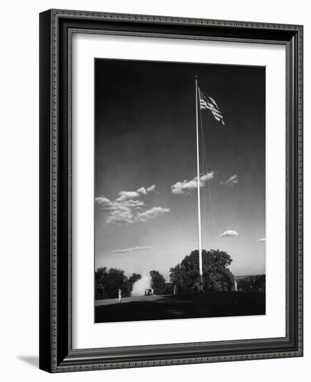 Soldiers Lowering American Flag-Charles E^ Steinheimer-Framed Photographic Print