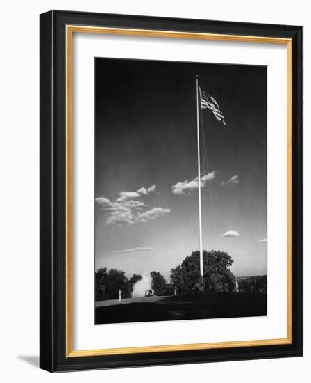 Soldiers Lowering American Flag-Charles E^ Steinheimer-Framed Photographic Print