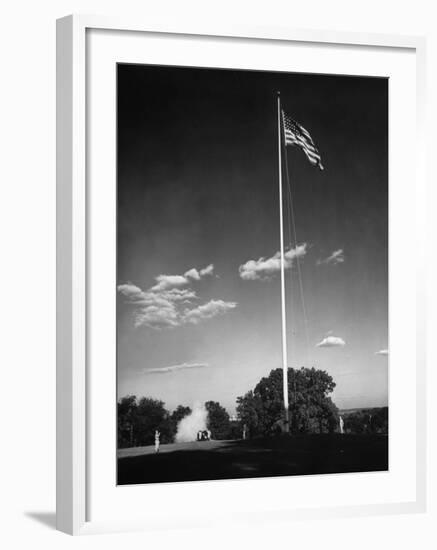 Soldiers Lowering American Flag-Charles E^ Steinheimer-Framed Photographic Print