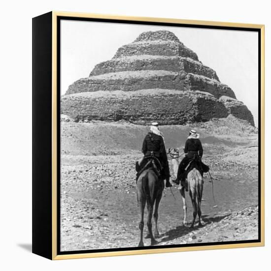 Soldiers on Camels and Step Pyramid Photograph - Egypt-Lantern Press-Framed Stretched Canvas