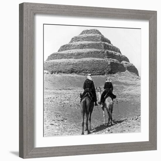 Soldiers on Camels and Step Pyramid Photograph - Egypt-Lantern Press-Framed Art Print