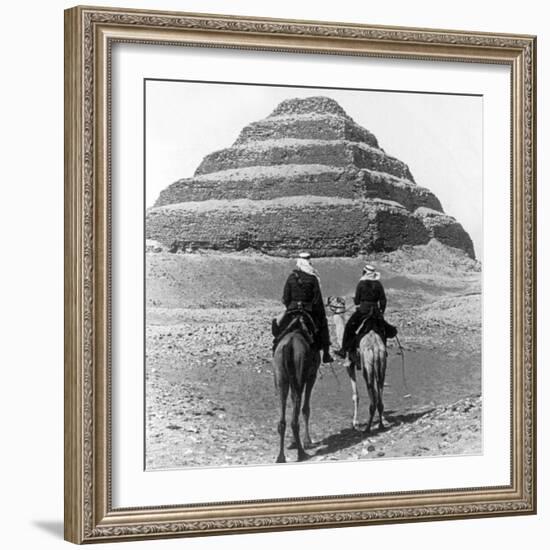 Soldiers on Camels and Step Pyramid Photograph - Egypt-Lantern Press-Framed Premium Giclee Print