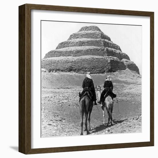 Soldiers on Camels and Step Pyramid Photograph - Egypt-Lantern Press-Framed Premium Giclee Print