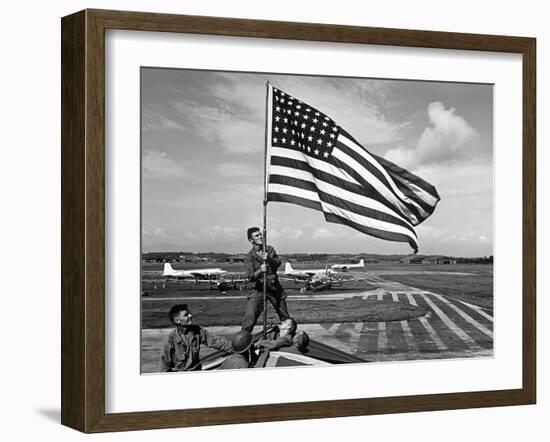 Soldiers Raising American Flag at Atsugi Airbase as First American Occupation Forces Arrive-Carl Mydans-Framed Photographic Print