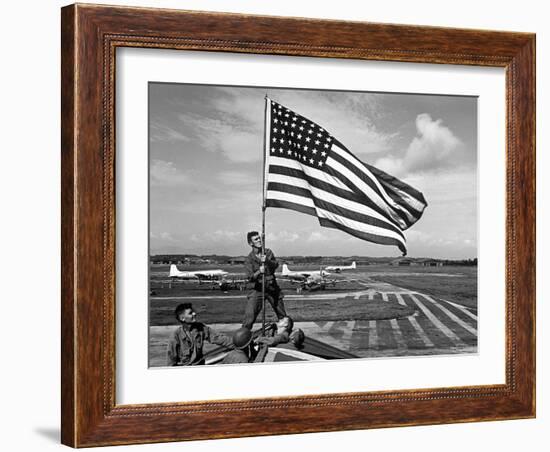 Soldiers Raising American Flag at Atsugi Airbase as First American Occupation Forces Arrive-Carl Mydans-Framed Photographic Print