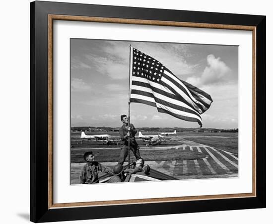 Soldiers Raising American Flag at Atsugi Airbase as First American Occupation Forces Arrive-Carl Mydans-Framed Photographic Print