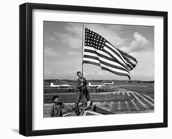 Soldiers Raising American Flag at Atsugi Airbase as First American Occupation Forces Arrive-Carl Mydans-Framed Photographic Print