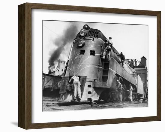 Soldiers Working on Locomotive-Myron Davis-Framed Photographic Print