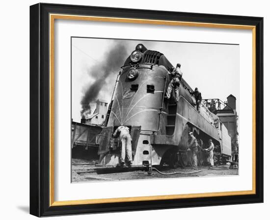 Soldiers Working on Locomotive-Myron Davis-Framed Photographic Print