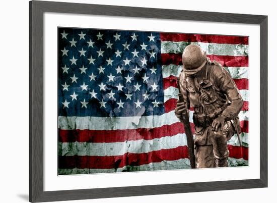 Solider Statue and American Flag by Identical Exposure Poster-null-Framed Photo