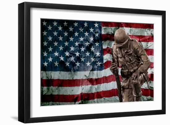 Solider Statue and American Flag by Identical Exposure-null-Framed Photo