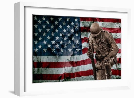 Solider Statue and American Flag by Identical Exposure-null-Framed Photo