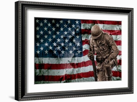 Solider Statue and American Flag by Identical Exposure-null-Framed Photo