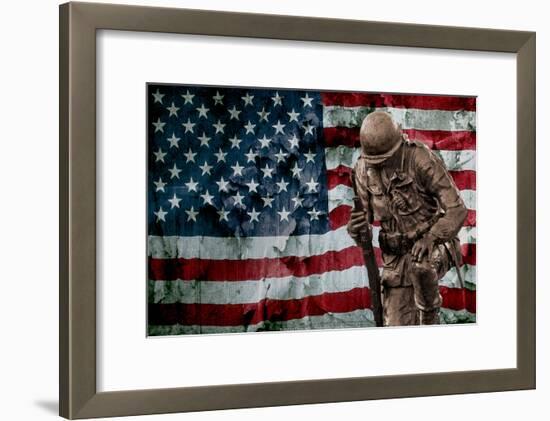 Solider Statue and American Flag by Identical Exposure-null-Framed Photo