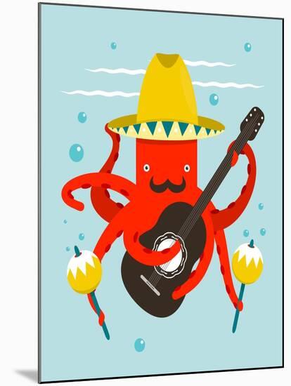 Sombrero Macho Moustache Octopus Playing Guitar. Underwater Mexican Guitarist. Vector Layered Eps8-Popmarleo-Mounted Art Print