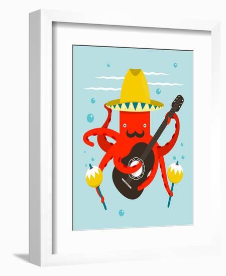 Sombrero Macho Moustache Octopus Playing Guitar. Underwater Mexican Guitarist. Vector Layered Eps8-Popmarleo-Framed Art Print