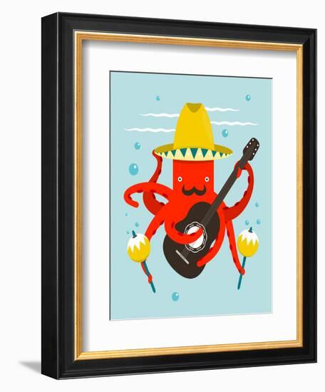 Sombrero Macho Moustache Octopus Playing Guitar. Underwater Mexican Guitarist. Vector Layered Eps8-Popmarleo-Framed Art Print